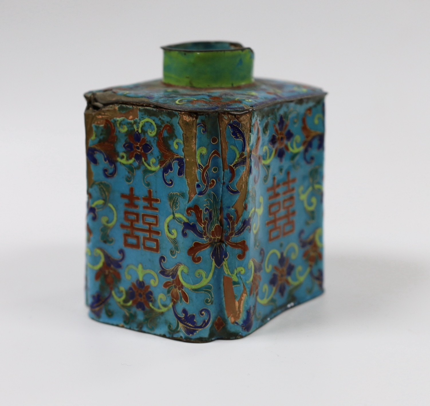 A Chinese blue enamel copper jar, 11cm tall, together with a jade hair pin and figure (3)